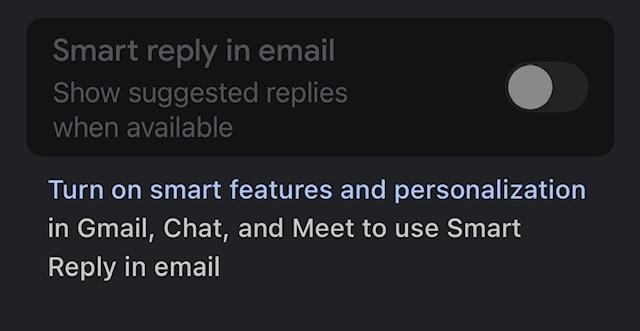 A smart features toggle in Gmail that’s disabled