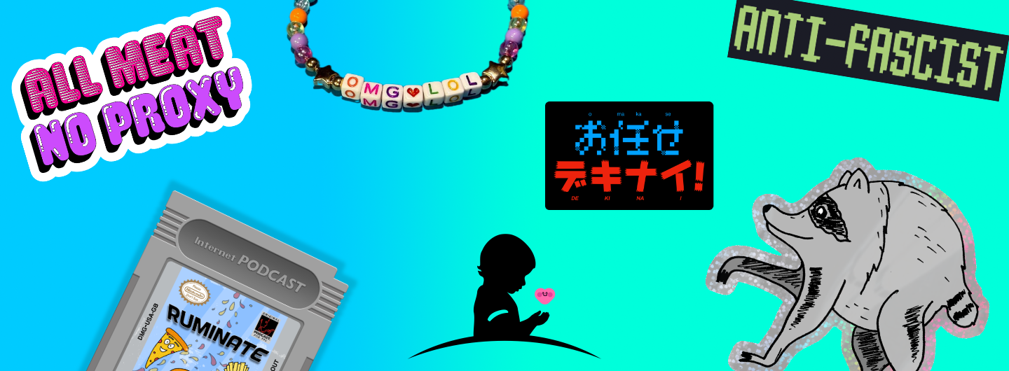A blue background with five stickers. A game bot one, a Jimothy one, an anti facist one, and a Japanese one. It has a st Jude logo in the middle and a bracelet at the top.