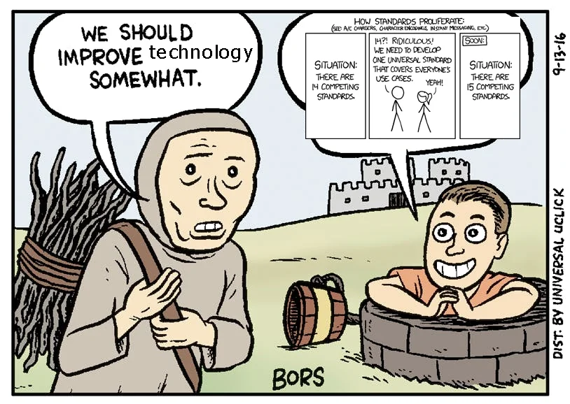 The "We should improve society somewhat" comic panel but the guy says we should improve technology. The response is the xkcd about how there are 14 competing standards, so someone comes up with one to solve everyone's problems, and now there are 15 standards