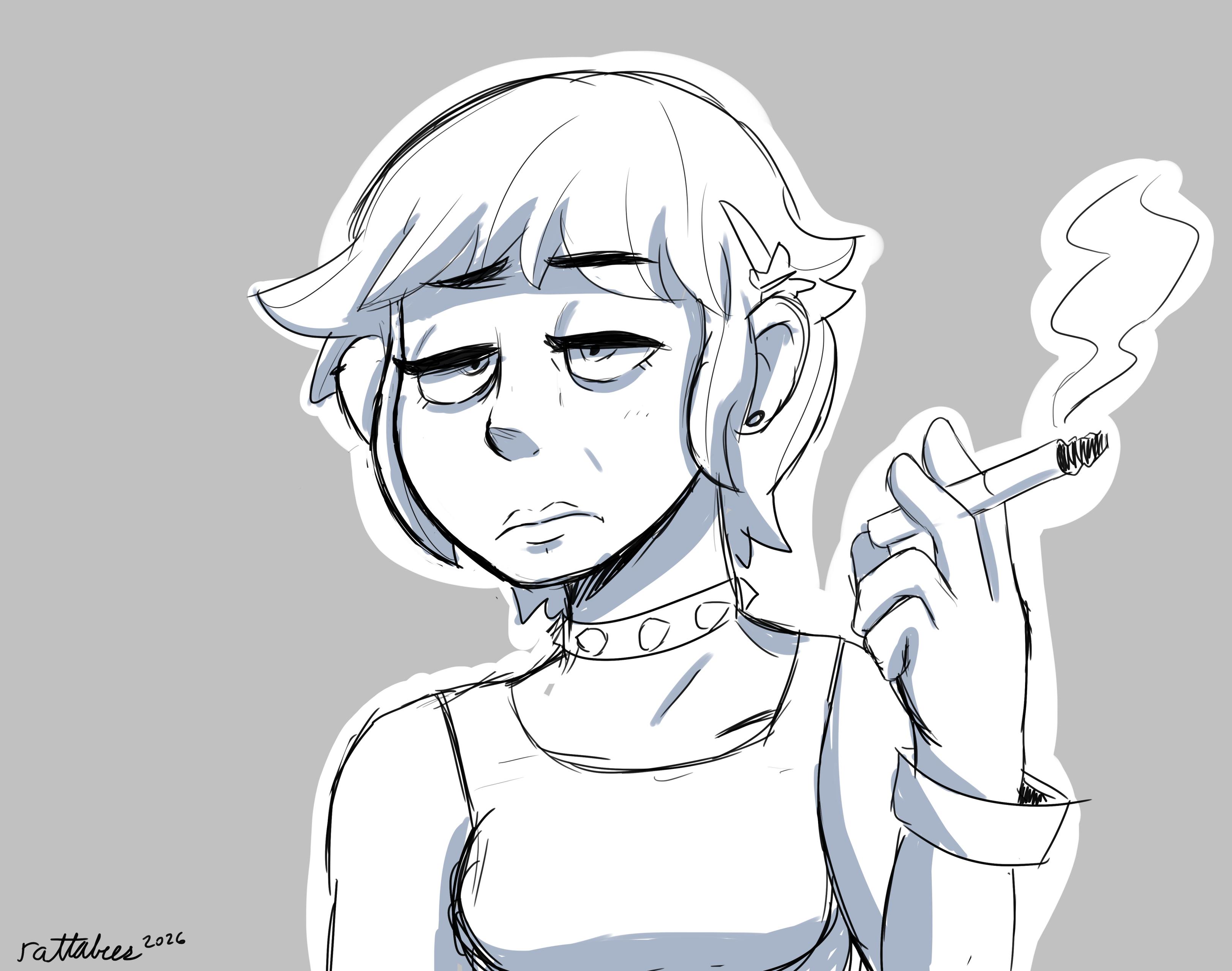 A sketch of a tired girl smokin a cig