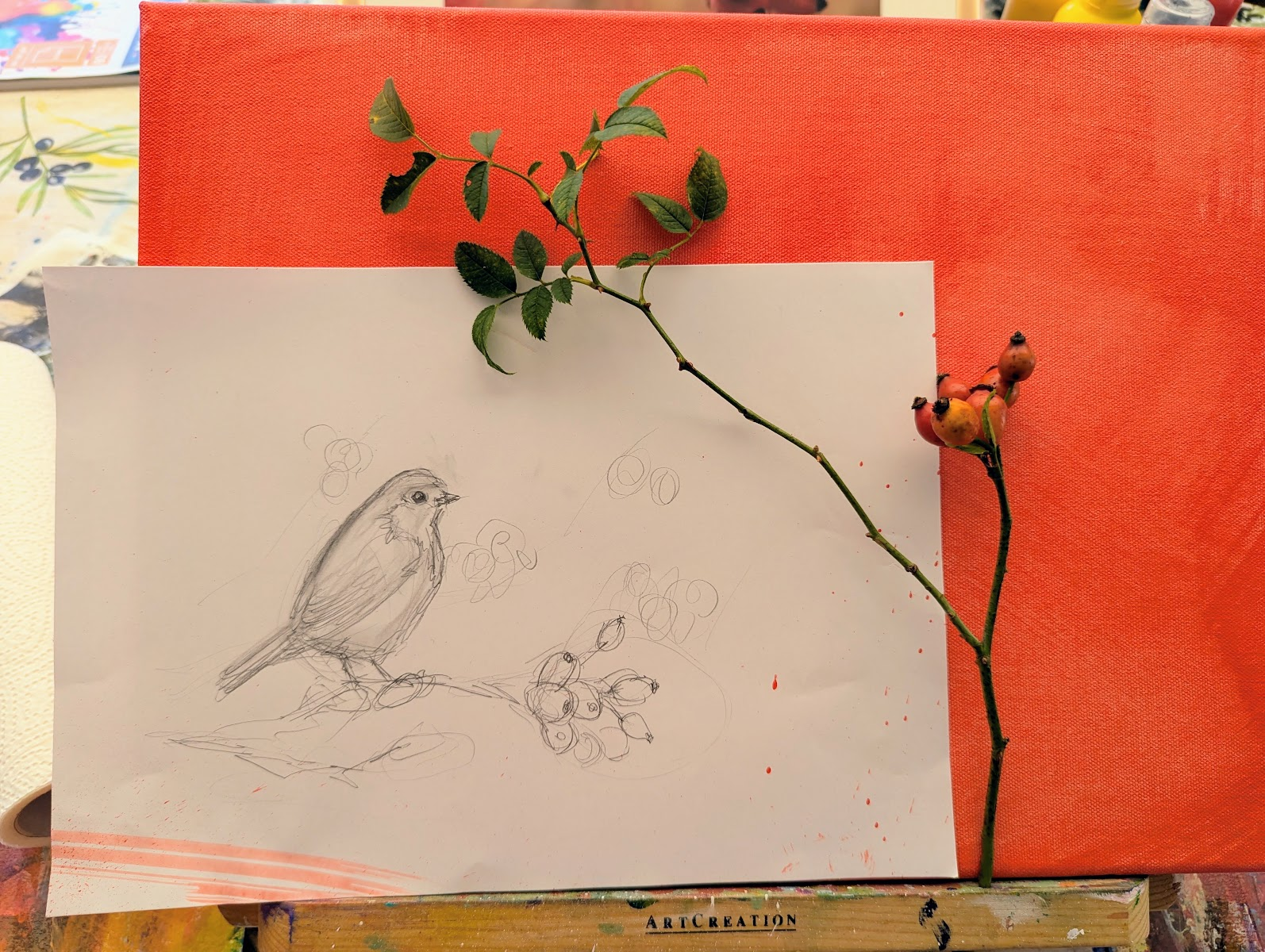 The photo shows a canvas I have already primed with orange paint, a rosehip branch, and a loose pencil sketch of a robin perched on a rosehip branch.