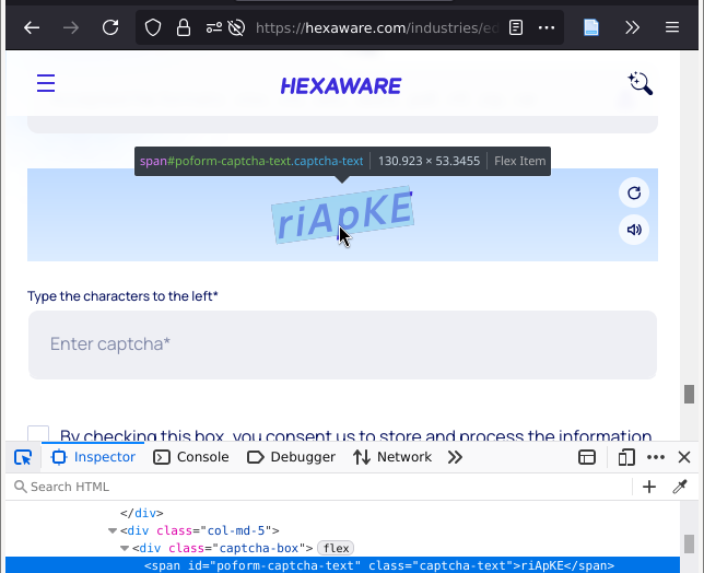 A form on hexaware.com showing a weaksauce "distorted text" captcha, except the browser inspector shows it's literally just text in the HTML source and is only distorted by CSS.