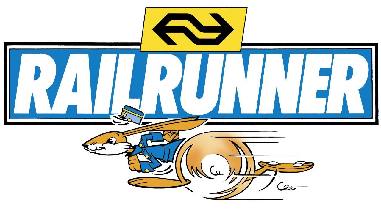 A graphic logo featuring a symbol, text, and a cartoon animal character. At the top is a yellow rectangle containing a black icon of two interlocking shapes. Below this is a large blue rectangular banner with a white border that displays the text "RAILRUNNER" in white, uppercase, sans- sans-serif letters. Underneath the banner, a cartoon animal hare/bunny character with tan and white fur is depicted running toward the left. The character wears blue and yellow clothing and is accompanied by white motion lines and a small blue and yellow rectangular icon near its head.