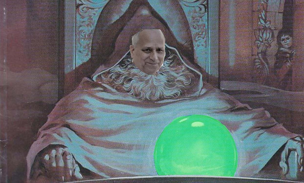 The "pondering my orb" meme but it has been crudely altered to replace the face of the wizard with the face of Pope Leo, and turn the orb green
