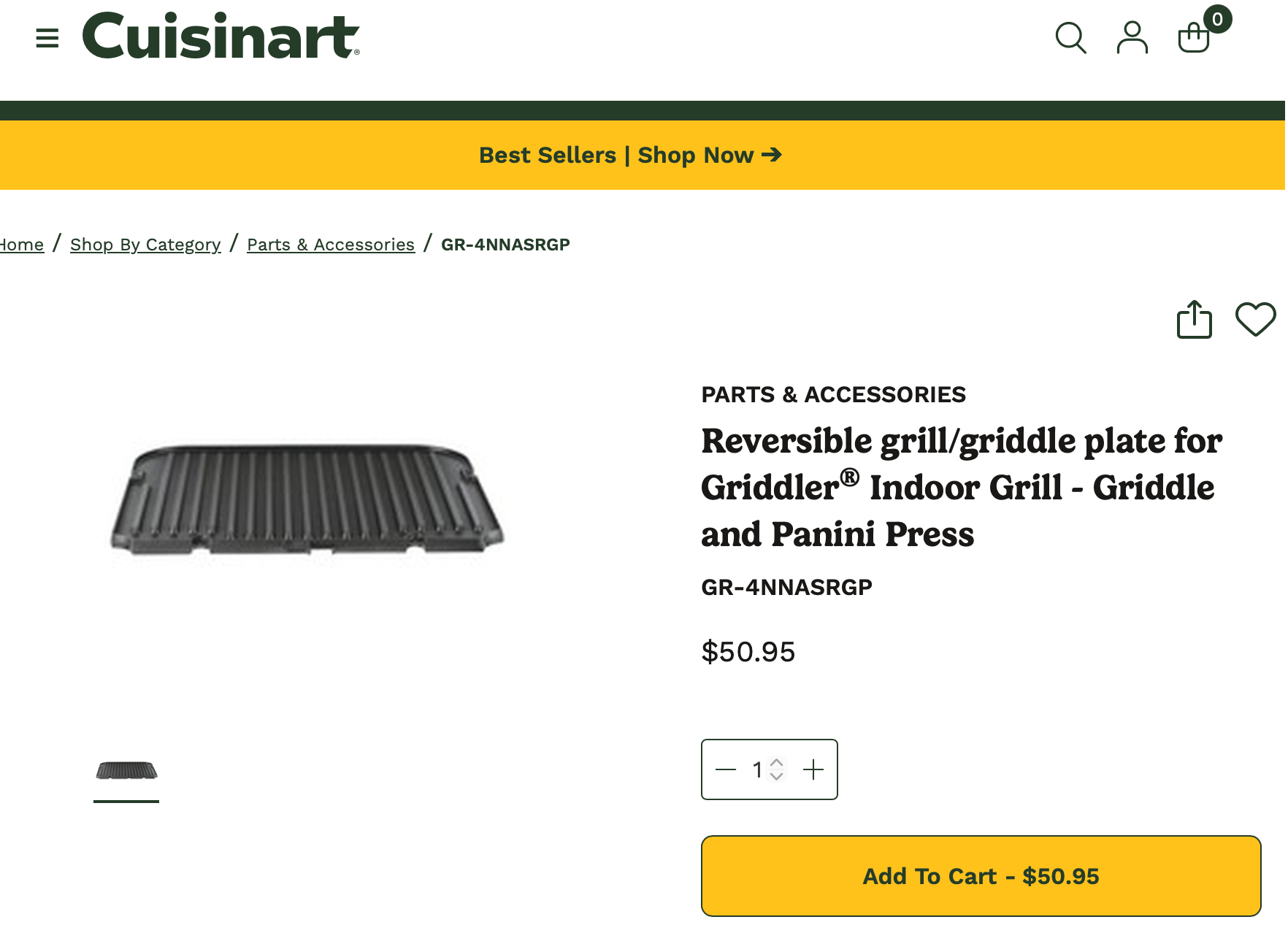 Cuisinart PARTS & ACCESSORIES Reversible grill/griddle plate for Griddler Indoor Grill - Griddle and Panini Press GR-4NNASRGP $50.95