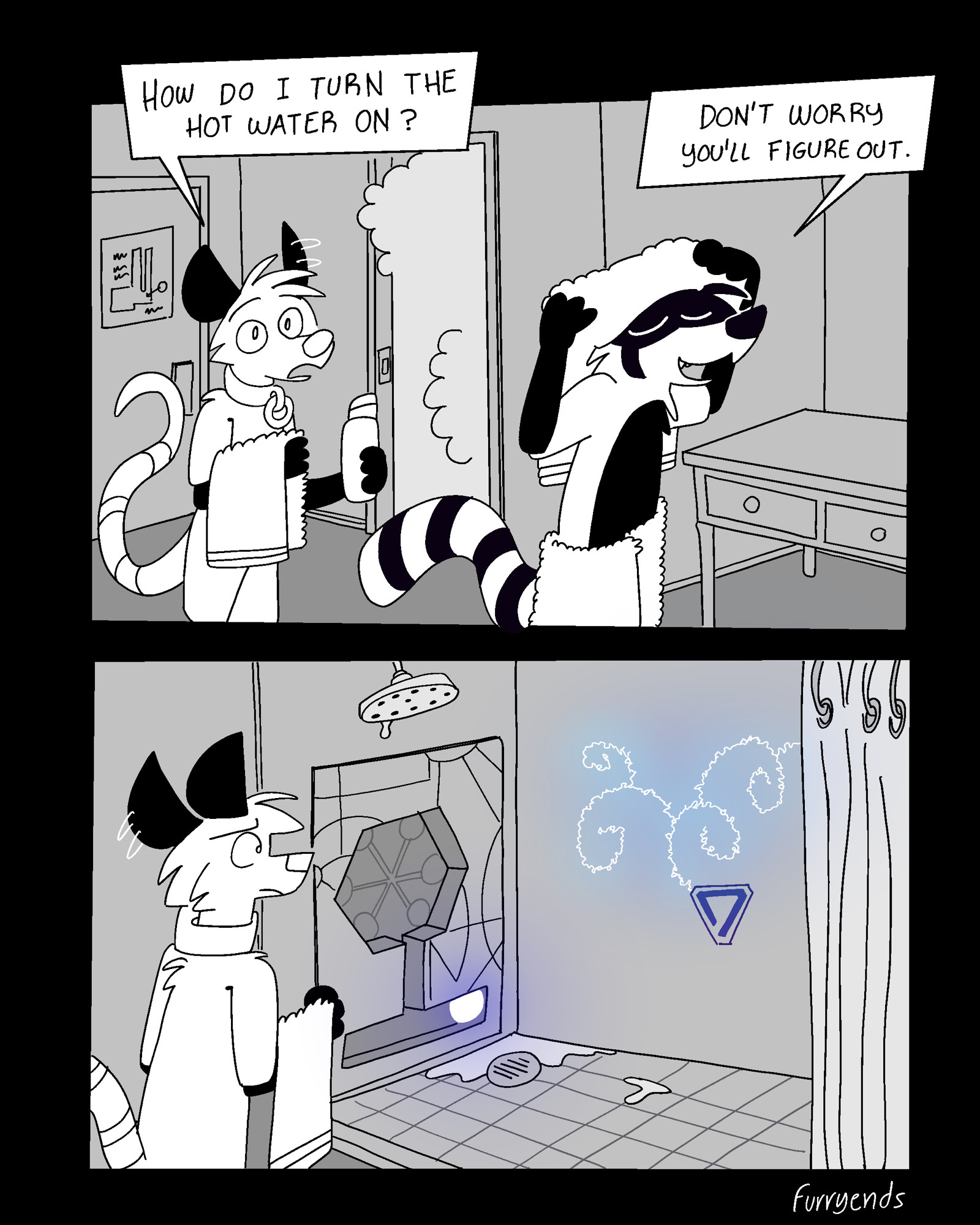 In a two-panel comic, all grayscale except for spot color as noted, an anthropomorphic rat holding a towel and shampoo bottle asks an anthropomorphic raccon, "How do I turn the hot water on?" and is answered "Don't worry, you'll figure out." [sic] In the second panel, the rat looks at a shower stall whose showerhead wall has a complex hexagonal input device inspired by the game Outer Wilds, complete with glowing bluish sphere, and whose back wall has a branching curly "conversation" tree in Nomai script, above a mysterious triangle.