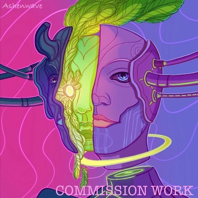 Illustration of a being out of this world. Its mask is broken in two halves, one with a cyborg-like appearance and one horned, as if made of twisted wood. They are connected with multiple cables at both temples. From between the two of them emerges a third face, green skinned, its visible eye is glowing and full of growing feathers.