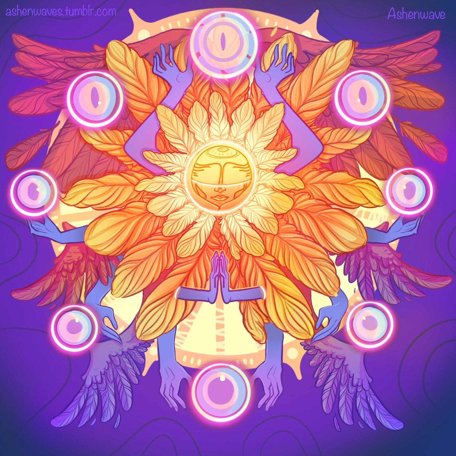 A colorful digital illustration of a seraphim. It's a representation of an angel with six wings and ten arms. They are praying to the passing of time, symbolized by the eight floating eyes surrendering them, each one with pupils changing form and size. A lot of feathers were drawn for this one.