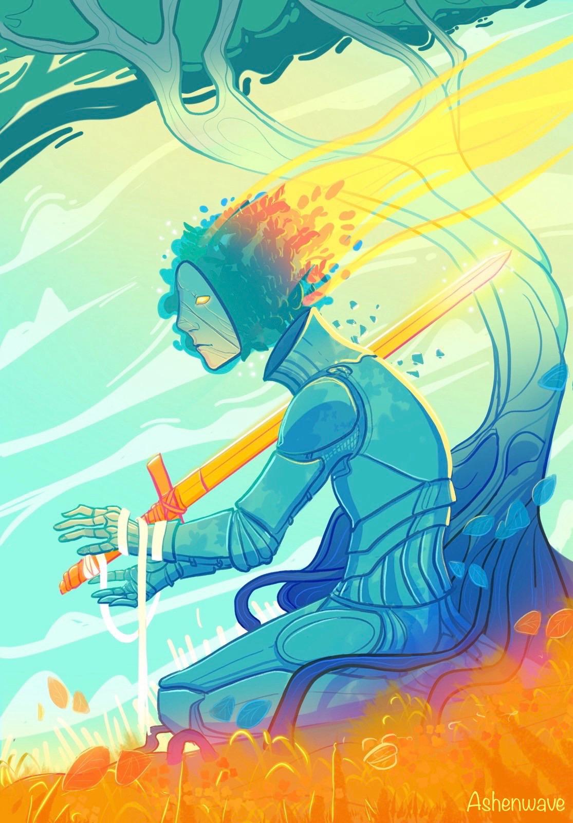 Illustration of a statue in the form of a kneeling knight, with a glowing sword piercing their chest. The stone in their face is broken, and their eyes glow with the magic from the sword. In the background a twisting tree moves with the wind.
