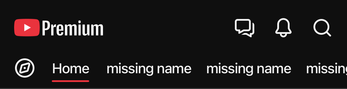 Top navigation of the YouTube app for iOS. All the tabs are labeled “missing name.”