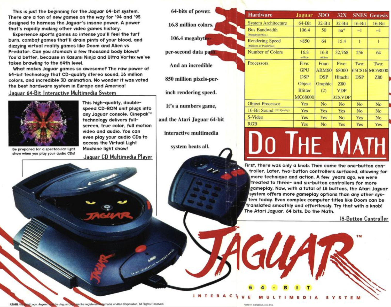 a magazine advertising spread of the Atari Jaguar, which allegedly has 64 bits of power, 16.8 million colors, and incredible 850 million pixels per inch rendering speed.
