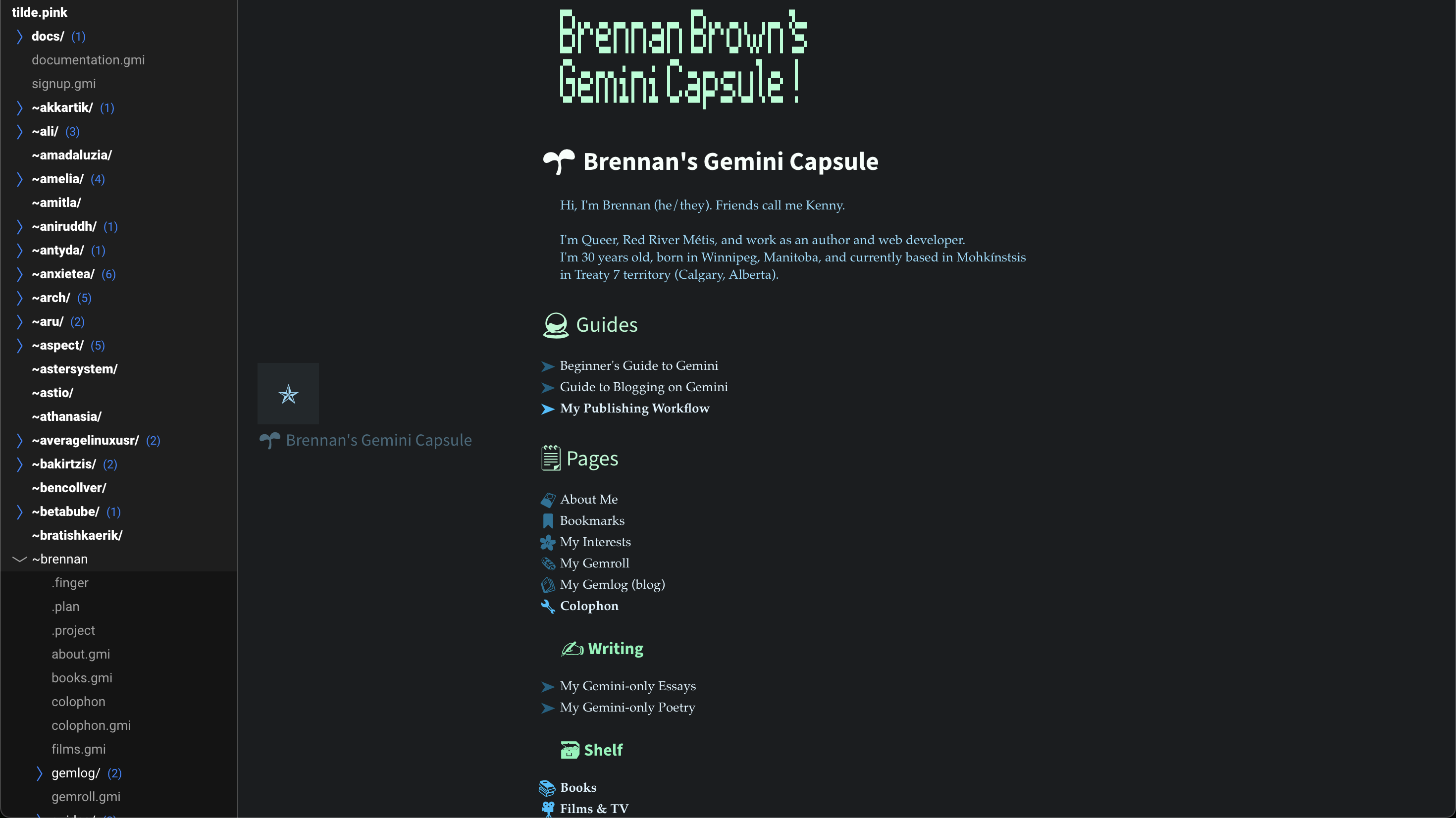 Screenshot of a tilde.pink file browser showing the directory tree on the left (docs/, various tilde users, with ~brennan/ expanded to reveal various files) and the rendered Gemini capsule homepage on the right, titled "Brennan Brown's Gemini Capsule!" in ASCII-art-style text. The page introduces Brennan describing him as Queer, Métis, 30 years old, born in Winnipeg and based in Mohkínstsis/Calgary. Below that are linked sections: Guides,, Pages,, Writing,, and the start of a Shelf section.