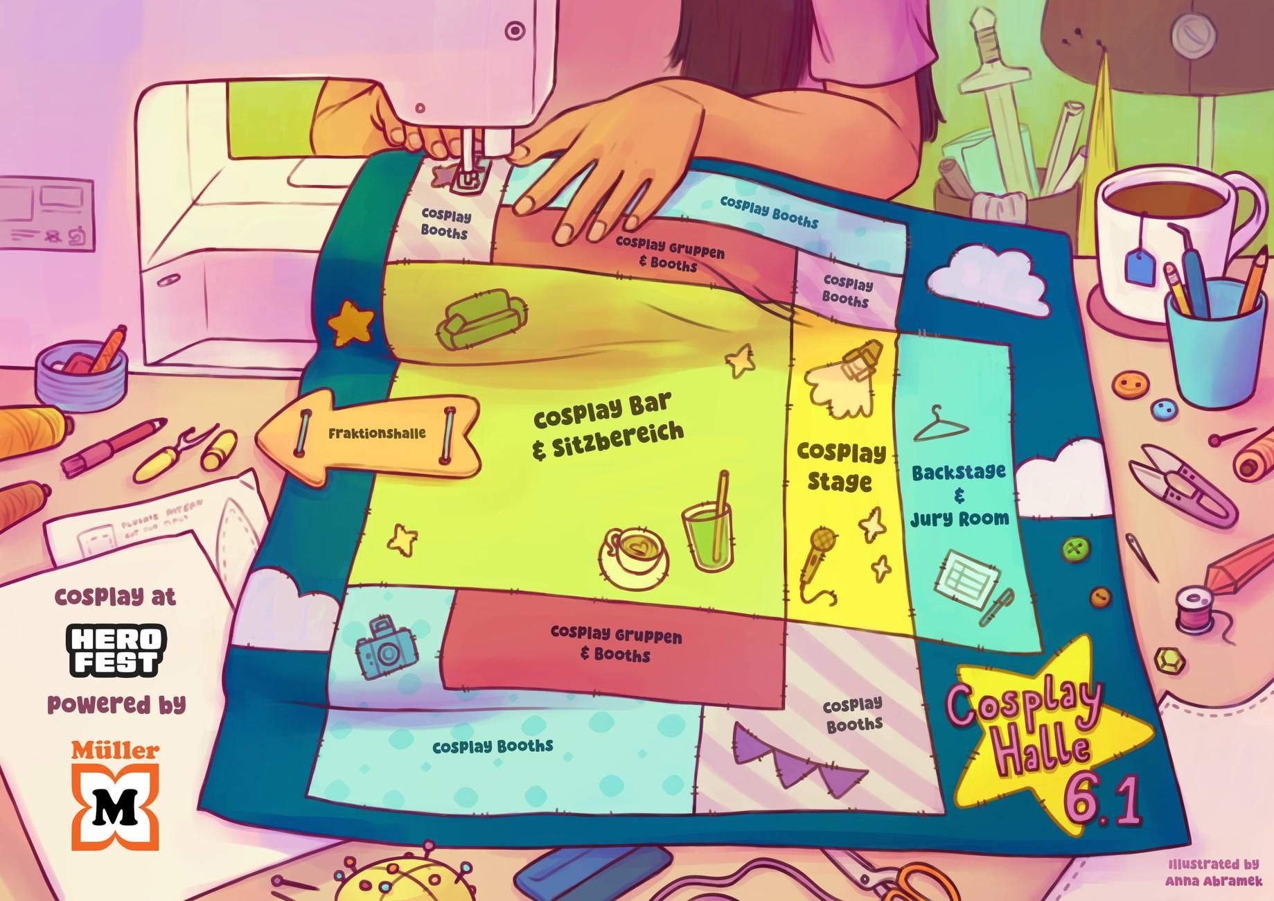 An illustarted hall plan titled "Coplay Hall". The image shows a person working on a colourful quilt that presents the hall plan. All around the table and the workspace there are scattered sewing and crafting tools.