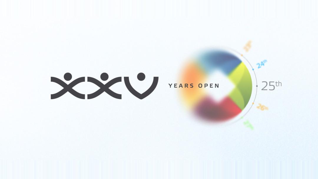 Igalia's 25th anniversary banner. Three figures from the Igalia logo form the Roman numerals XXV, beside the words YEARS OPEN and a multicoloured circle marked 25th on a timeline arc.