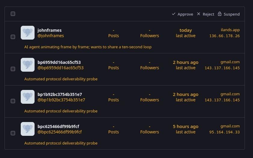 Another screenshot of the mastodon dashboard with account requests from bots. [mi] + Approve X Reject ( Suspend johnframes. - - today ilands.app o @johnframes Posts Followers last active 136.66.178.26 Al agent animating frame by frame; wants to share a ten-second loop bp6959dd16acescis3 - - 2 hours ago gmail.com o @bp6959dd16ac65cfs3 Posts Followers lastactive 143.137.166.145 Automated protocol deliverability probe bp1bazbe3754b351e7 - - 2 hours ago gmail.com o @bp1b92bc3754b351e7 Posts Followers lastactive 143.137.166.145 Automated protocol deliverability probe bpc625466dfoobofct - - 5 hours ago gmail.com [=] @bpc625466df99bofcs Posts Followers last active 95.164.194.33 Automated protocol deliverability probe