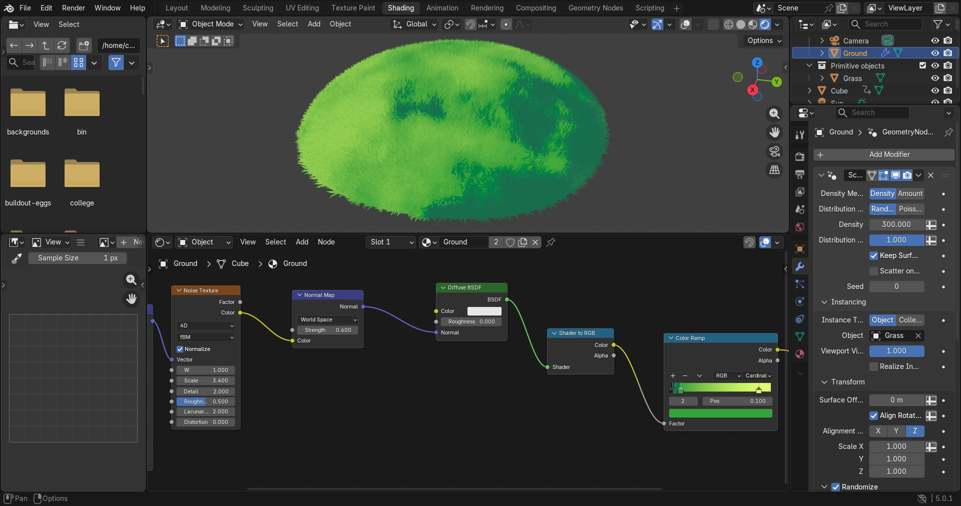 "anime" style lush grass in progress in blender, showing the grass and a shader node tree