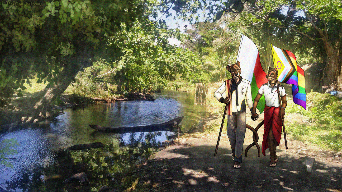 A drawing of a scene set on the banks of a small river in a lush tropical setting. Two male anthropomorphic male fossa are walking towards the viewer, holding hands and tails entwined. Mijoro, on the left, is wearing modernized traditional Merina attire and is carrying a Malagasy flag. Onja, on the right, is wearing traditional Betsimisaraka attire and carries the Progress variant of a Pride flag.