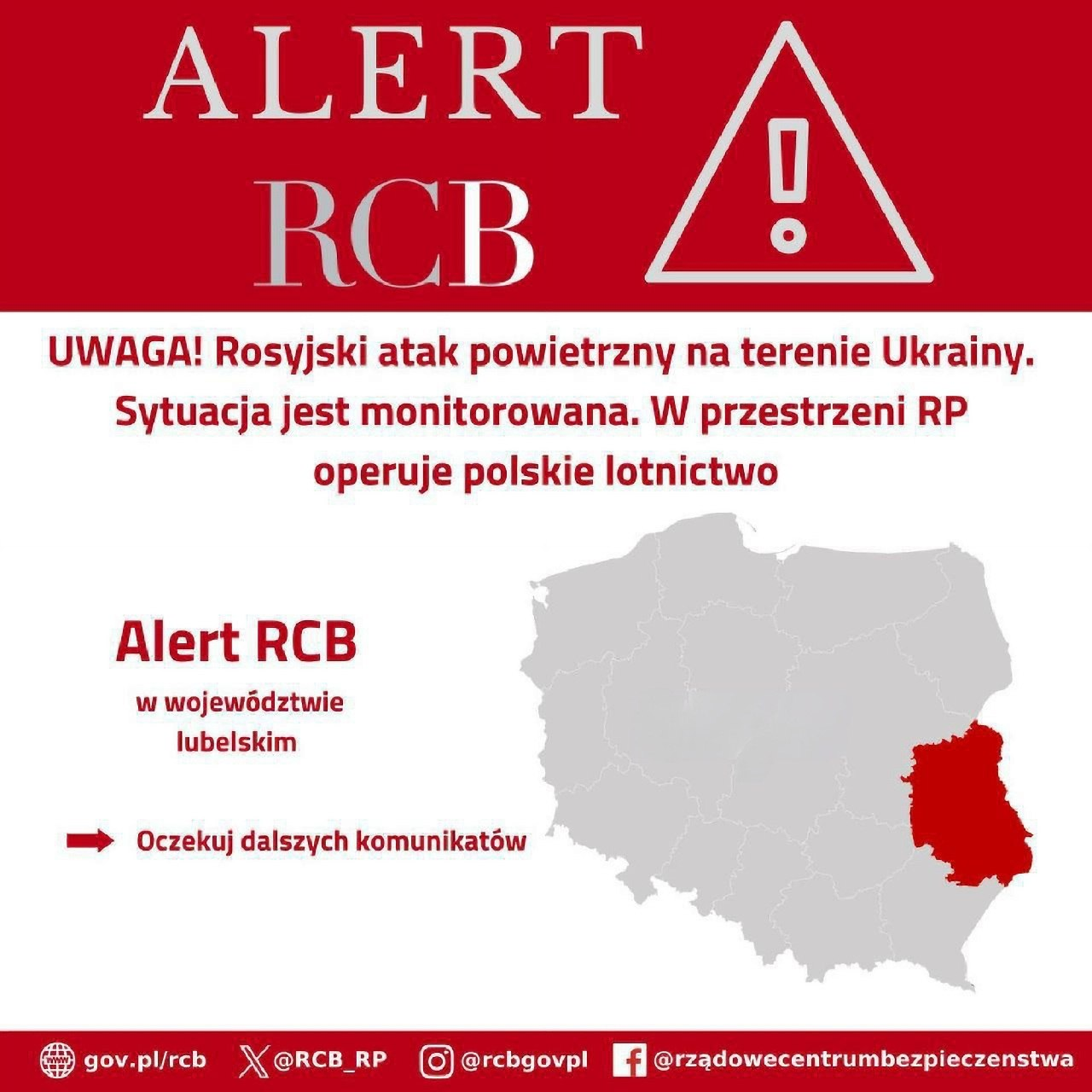 ❗️Poland scrambled military aircraft during a Russian drone attack on Ukraine. Residents of Lublin Voivodeship received an RCB emergency alert warning that Polish aviation was operating in national airspace and advising them to monitor further announcements. Latvia also reported an air threat, with NATO fighter aircraft scrambled in response. Authorities in both countries are monitoring the situation. #Europe