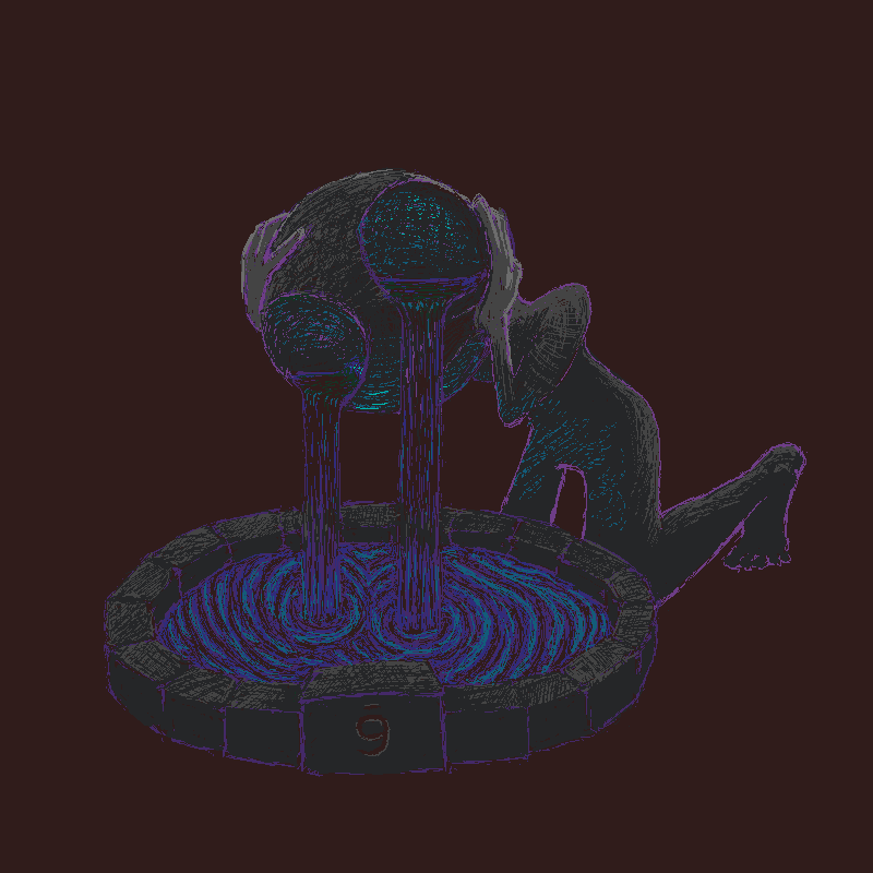 A digital painting made in 9front's premiere digital painting program paint(1).  The scene is very dark, and depicts fountain with a large stone statue kneeling over it while holding its head in anguish, with two streams of water pouring from its comically oversized eye sockets.  The water collects in a basin with large dramatic ripples around where the water pours in.  At the end of the basin opposite to the statue is engraved the number nine with a small line above it, suggesting it might be an upside-down six.  The scene is lit above by an unseen cold light source, probably the moon.  The reflection of the light casts green caustics upon the under side of the statue.
