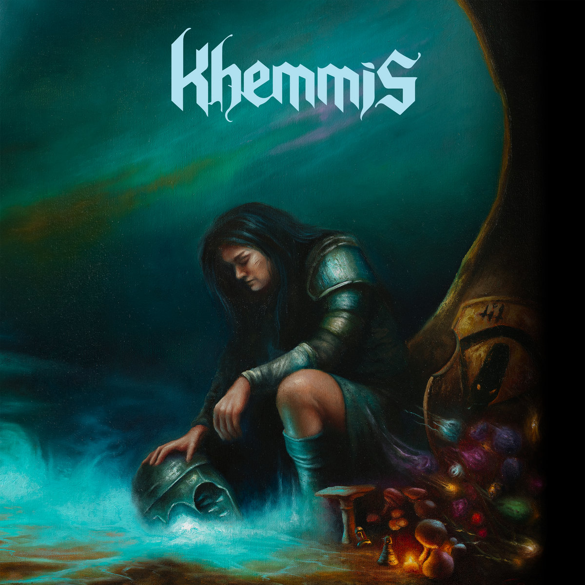 Khemmis self titled album cover, a painting of a kneeling woman with her hand resting on what I think is a helmet full of spikes turned inward?