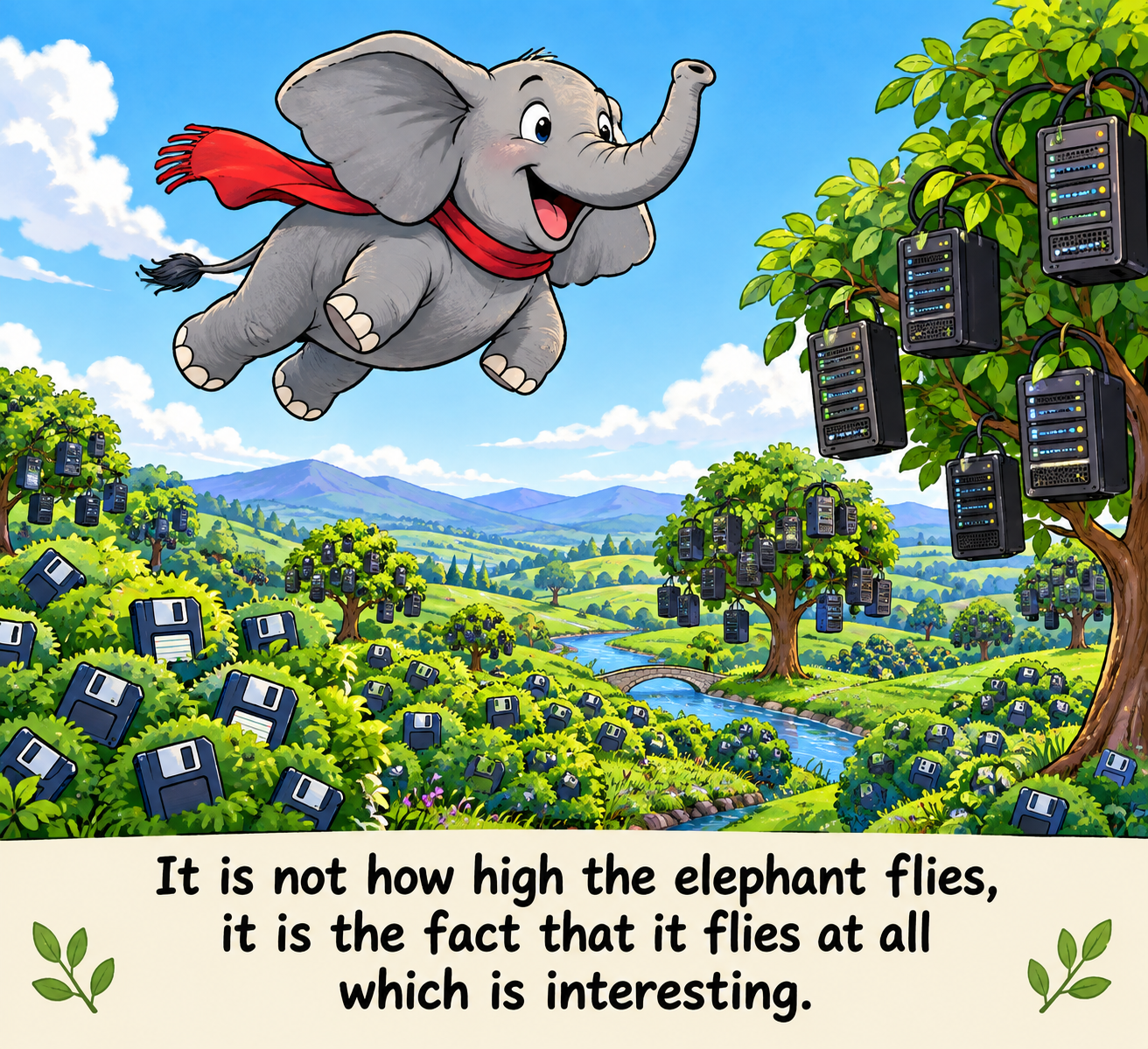 image of happy elephant flying over a lush countryside full of floppy-disk bushes and server-fruit trees. the caption reads: "It is not how high the elephant flies, it is the fact that it flies at all which is interesting."