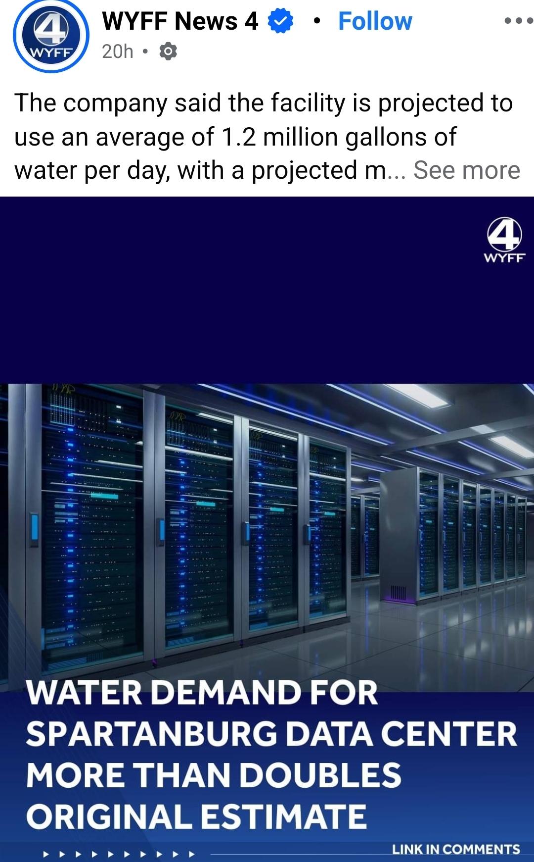 WYFF News 4  The company said the facility is projected to use an average of 1.2 million gallons of water per day, with a projected... WATER DEMAND FOR SPARTANBURG DATA CENTER MORE THAN DOUBLES ORIGINAL ESTIMATE