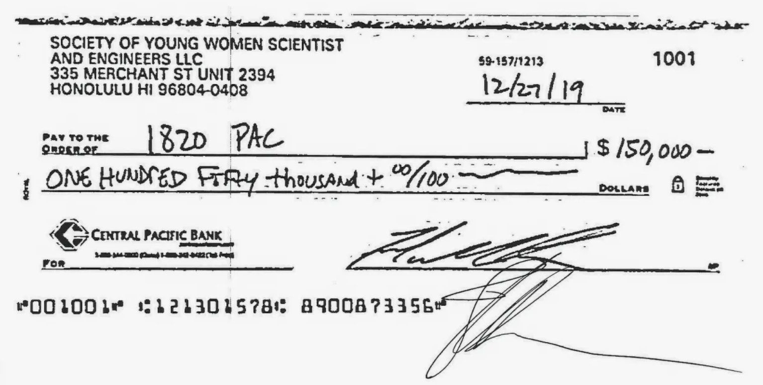 A check made out for $150,000 to Susan Collins’s PAC, check number 1001