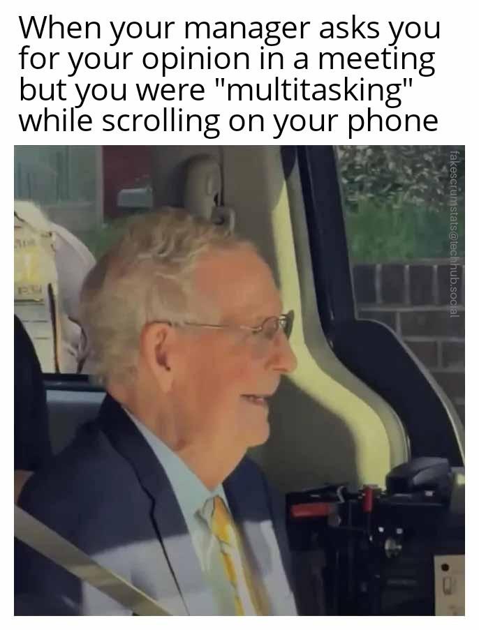 Picture of Mitch McConnell vacantly smiling in a car. Caption: When your manager asks you for your opinion in a meeting but you were "multitasking" while scrol…