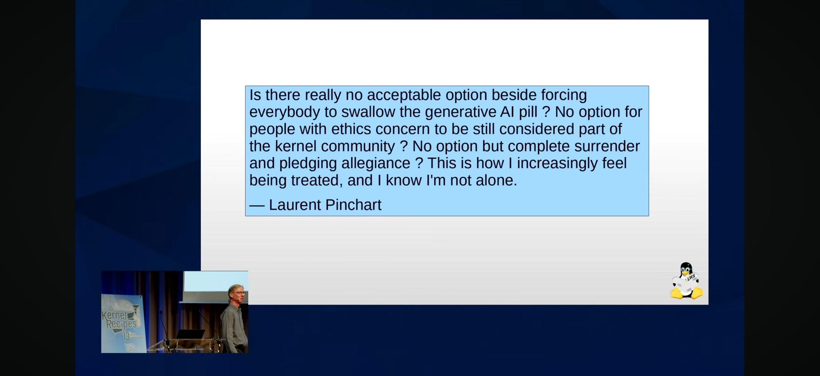 Jon Corbet showing a quote about empathy and AI during his talk at Kernel Recipes 2026
