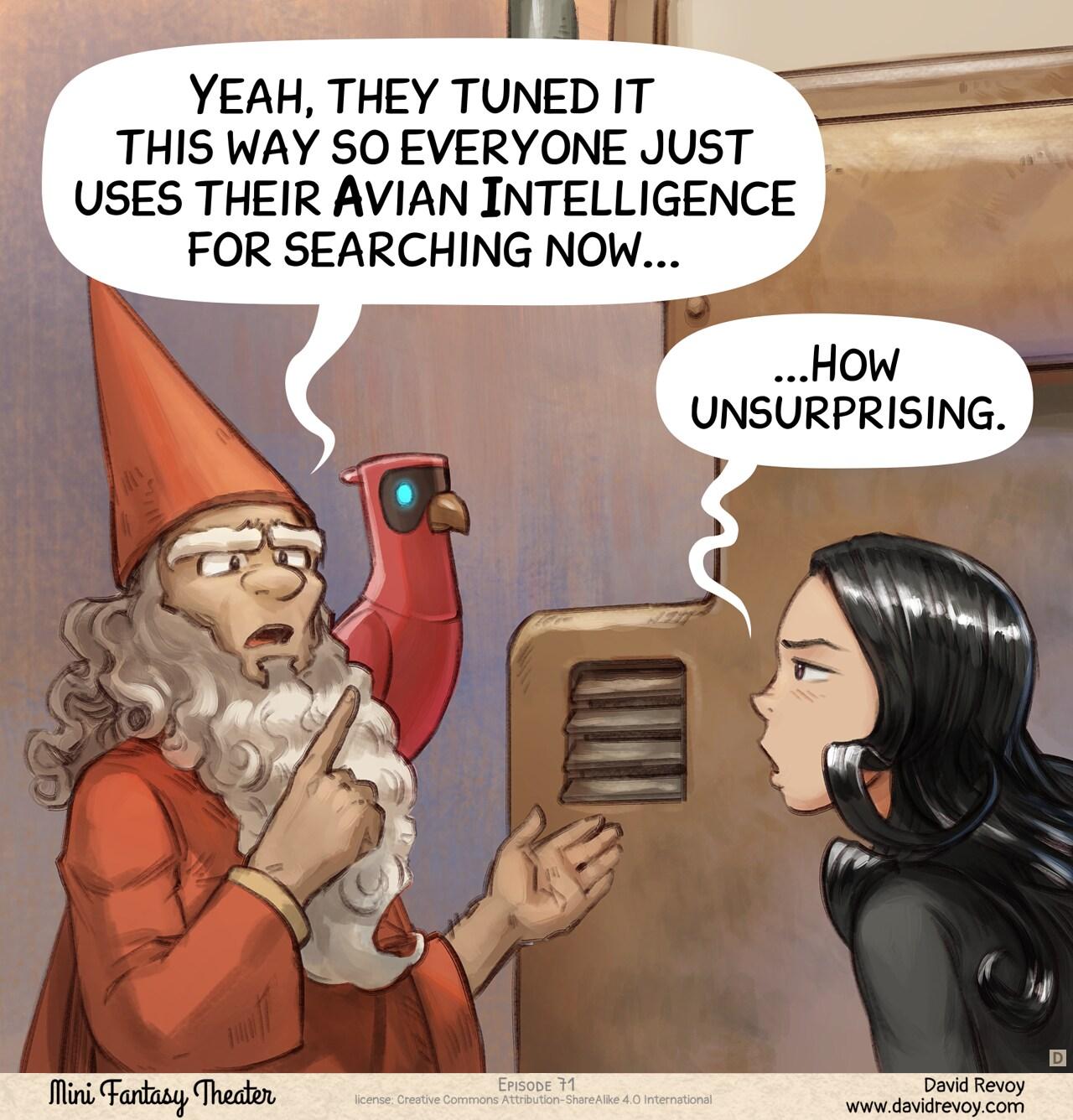 Panel 4. A librarian approaches, their AI Parrot perched on their shoulder, pointing it. Cepper looks defeated, her eyes blasé. > Librarian: "Yeah, they tuned it this way so everyone just uses their Avian Intelligence for searching now..." > Cepper: "...How unsurprising."
