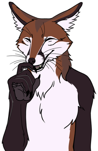 A half body of a snickering anthropomorphic brown fox.