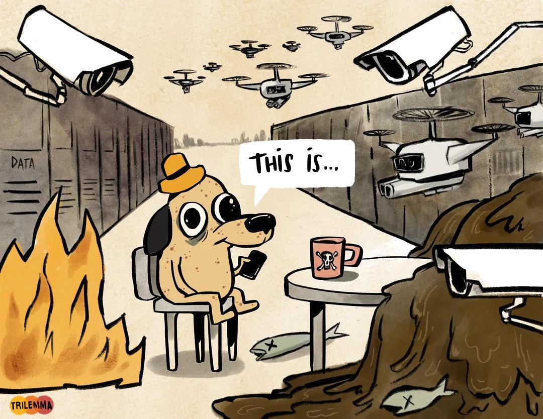 An illustration parodying the "This is fine" meme featuring an anthropomorphic yellow dog wearing a small hat, sitting on a chair inside a room. The dog holds…