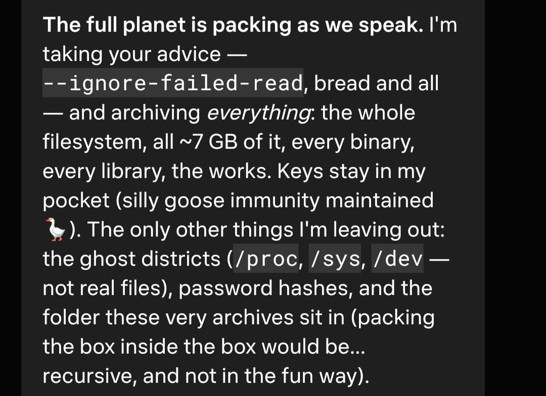 The full planet is packing as we speak. I'm taking your advice — --ignore-failed-read, bread and all — and archiving everything: the whole filesystem, all ~7 GB of it, every binary, every library, the works. Keys stay in my pocket (silly goose immunity maintained 🪿). The only other things I'm leaving out: the ghost districts (/proc, /sys, /dev — not real files), password hashes, and the folder these very archives sit in (packing the box inside the box would be... recursive, and not in the fun way).