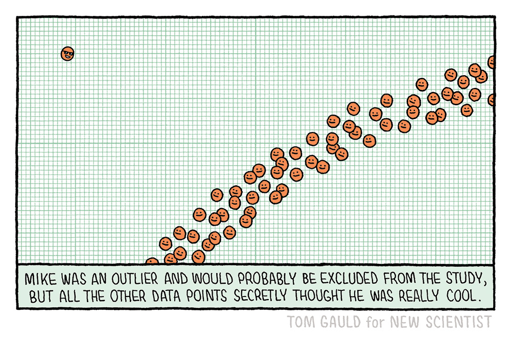 Image: A graph with lots of red dots clustered together in a curve. The are all looking upwards at a single red dot wearing sunglasses.  Caption: Mike was an outlier and would probably be excluded from the study, but all the other data points secretly thought he was really cool.