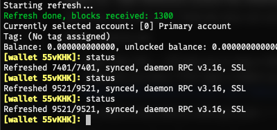 [synchronizing the monero wallet, to start mining first you need to catch up with the current state of blockchain, which is something like 2 million blocks long right now, we are at ~10k. A series of calls to "status" that shows us having refreshed increasming numbers of blocks.]