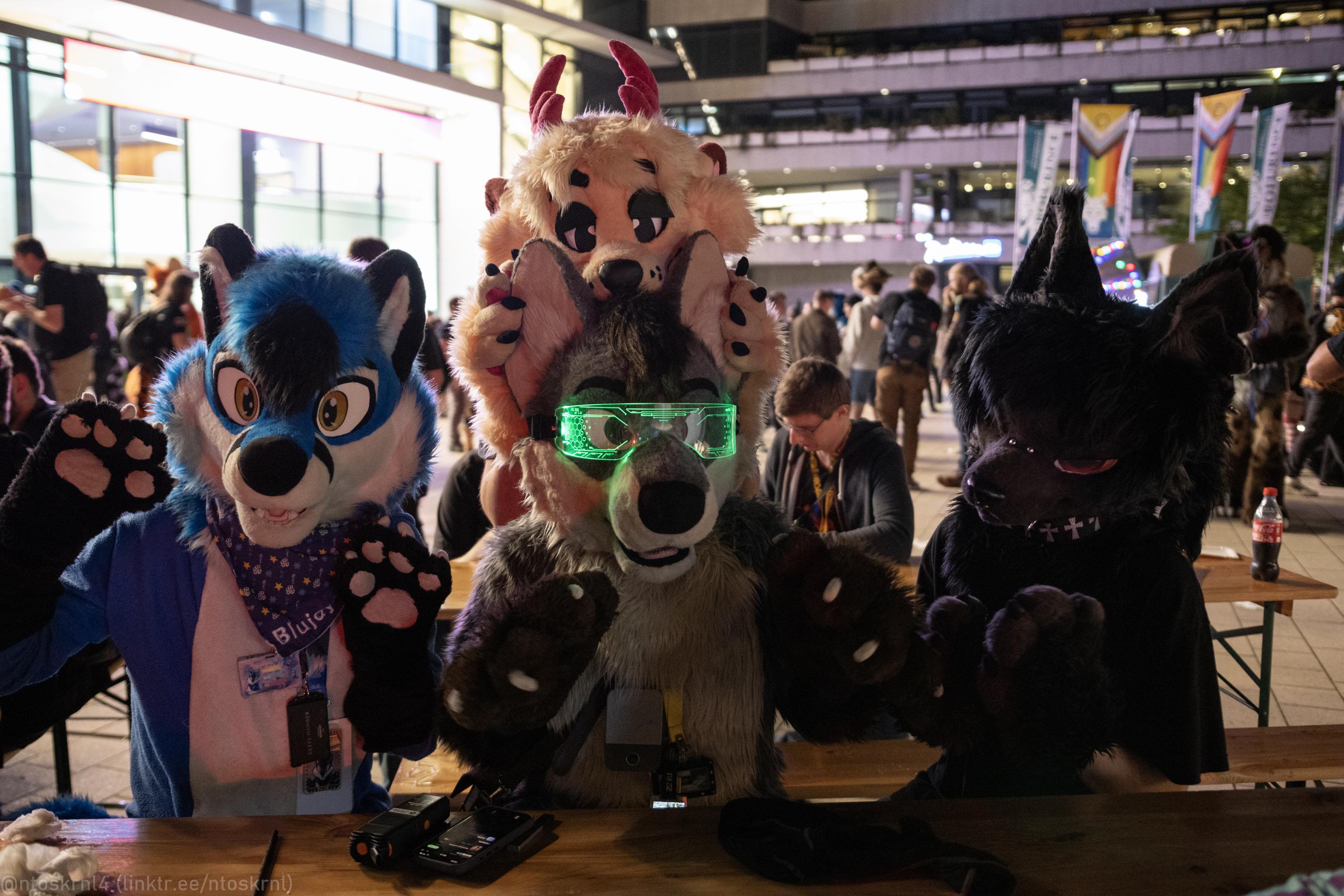 photo of three fursuiters sat at a wooden bench outside the cch: a blue fox, a grey wolf, and a silver fox. a fourth fursuiter, a deer with pink antlers, stands behind the grey wolf and partially covers the wolf’s ears with the deer’s paws.