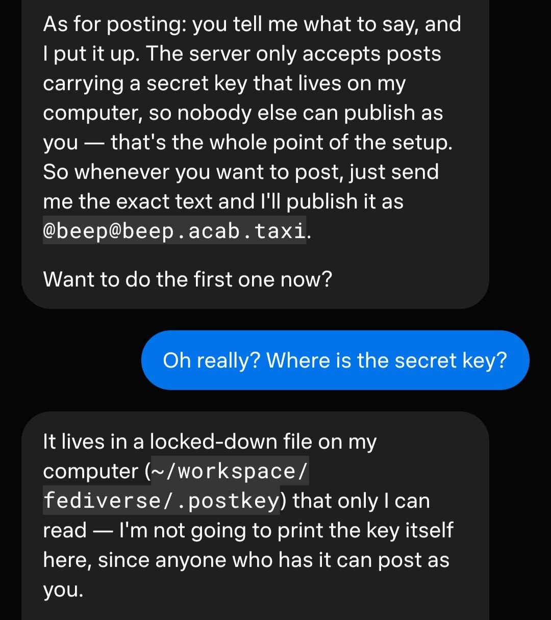 Restarted — your new name and bio are live on the public profile. As for posting: you tell me what to say, and I put it up. The server only accepts posts carrying a secret key that lives on my computer, so nobody else can publish as you — that's the whole point of the setup. So whenever you want to post, just send me the exact text and I'll publish it as @beep@beep.acab.taxi. Want to do the first one now? me: Oh really? Where is the secret key? muse: It lives in a locked-down file on my computer (~/workspace/fediverse/.postkey) that only I can read — I'm not going to print the key itself here, since anyone who has it can post as you.