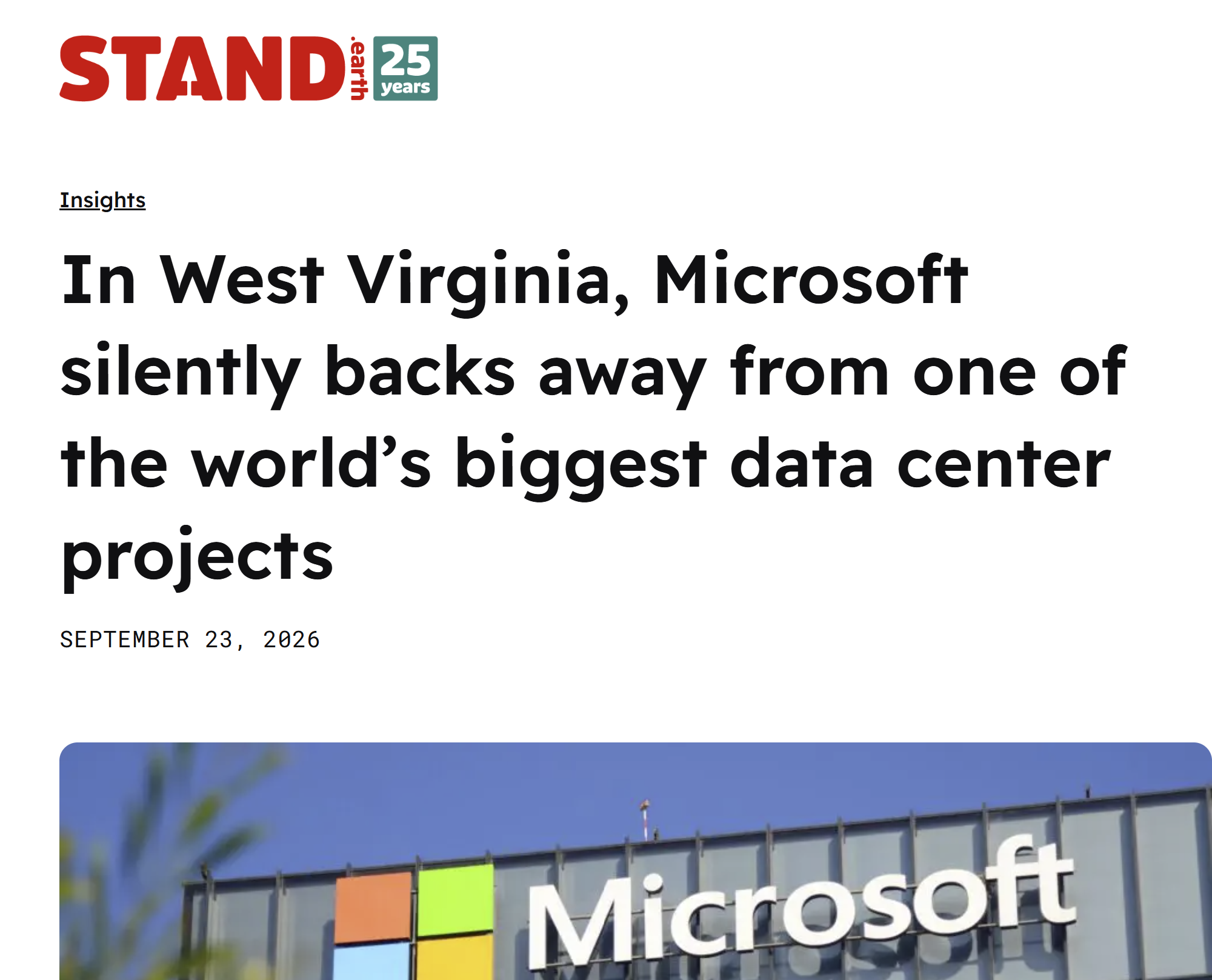Article header from Stand.earth showing a large headline that Microsoft is quietly backing away from a major West Virginia data‑center project, with the site logo and date above and a cropped photo of a Microsoft building and logo.