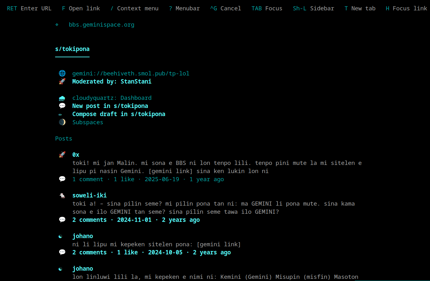 Screenshot of the s/tokipona Gemini page on bbs.geminispace.org, rendered in the Lagrange terminal browser. Yes I did screenshot the Toki Pona BBS page purely to entice Immy and co