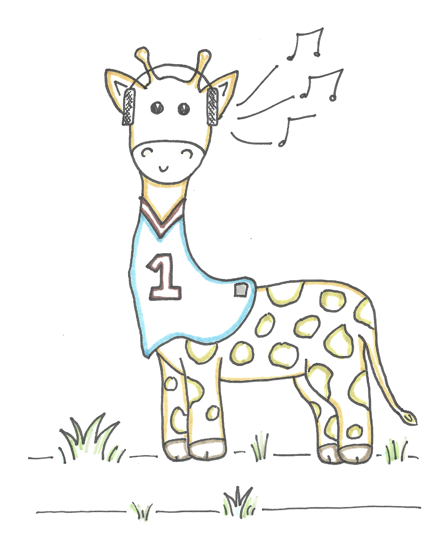 A giraffe wearing a football top listening to music on headphones