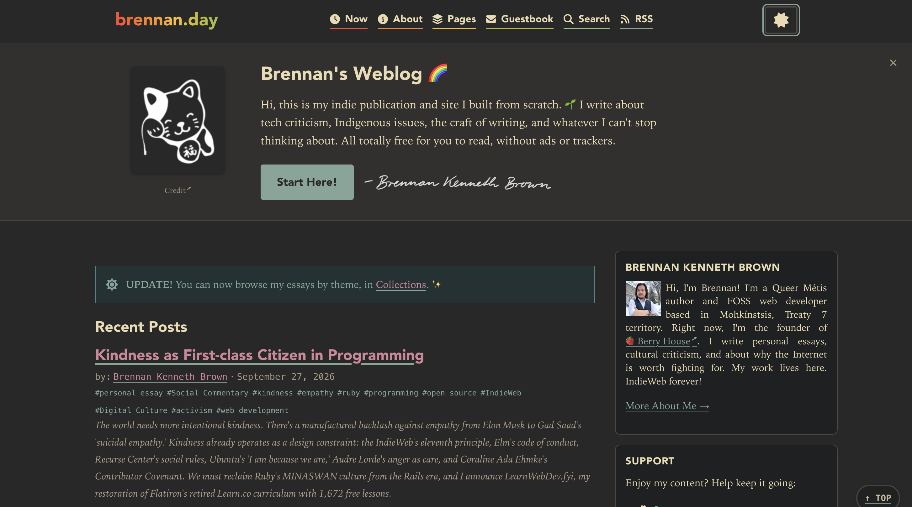 Same brennan.day homepage layout as the other screenshot, but in old design of sage-green/gray accent color instead of pink, the "Start Here!" button and other accents are muted green-gray. The same post, "Kindness as First-class Citizen in Programming," appears without a post number or category label but instead a list of hashtags is shown (#personal essay, #Social Commentary, #kindness, #empathy, #ruby, #programming, #open source, #IndieWeb, #Digital Culture, #activism, #web development), followed by the excerpt.