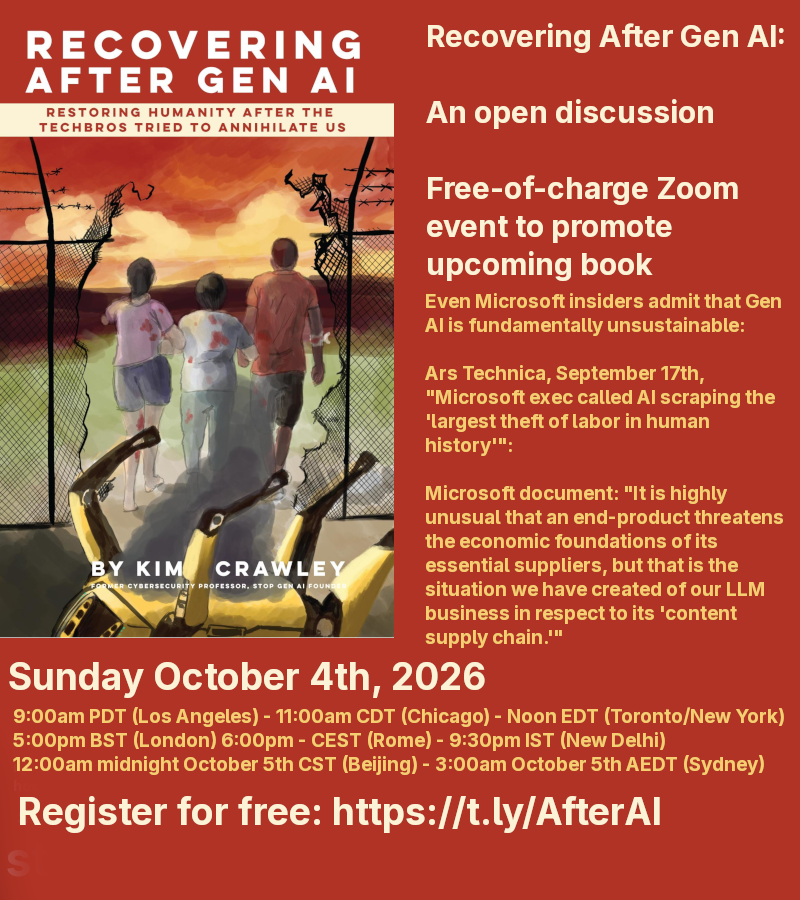 RECOVERING AFTER GEN Al  Recovering After Gen Al: An open discussion  Free-of-charge Zoom event to promote upcoming book Even Microsoft insiders admit that Gen Al is fundamentally unsustainable:  Ars Technica, September 17th, "Microsoft exec called Al scraping the 'largest theft of labor in human history.":  Microsoft document: "It is highly unusual that an end-product threatens the economic foundations of its essential suppliers, but that is the situation we have created of our LLM business in respect to its 'content supply chain.'"  Sunday October 4th, 2026  9:00am PDT (Los Angeles) -11:00am CDT (Chicago) - Noon EDT (Toronto/New York) 5:00pm BST (London) 6:00pm - CEST (Rome) - 9:30pm 1ST (New Delhi) 12:00am midnight October 5th CST (Beijing) - 3:00am October 5th AEDT (Sydney)  Register for free: https://t.ly/AfterAl