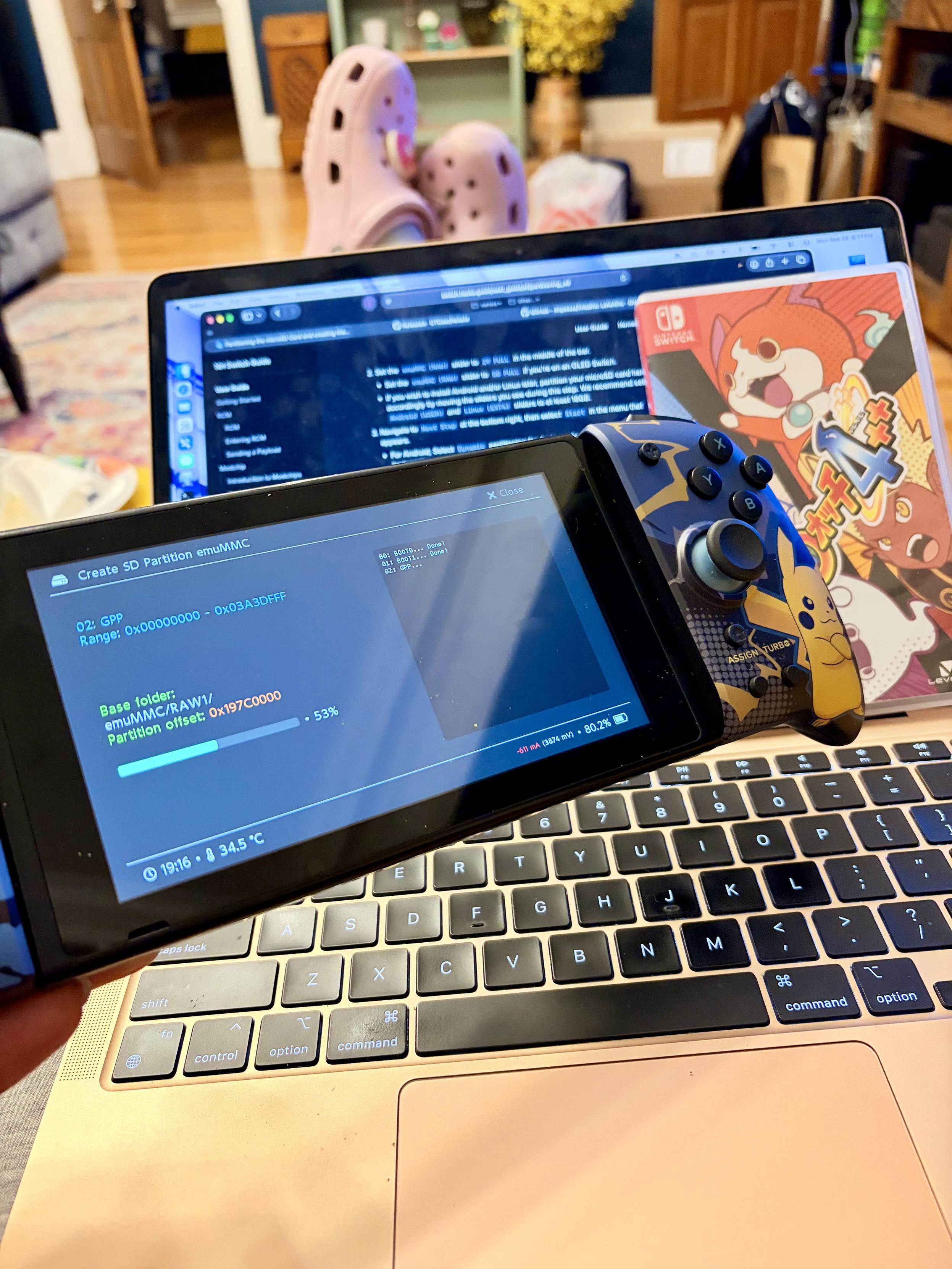 Photo of a jailbroken switch writing a system image to the sd card.