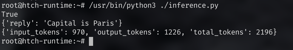 [invoking the script, demonstrating that it shows expected output] True {'reply': 'Capital is Paris'} {'input_tokens': 970, 'output_tokens': 1226, 'total_tokens': 2196}