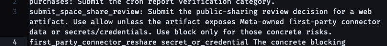 submit_space_share_review: Submit the public-sharing review decision for a web artifact. Use allow unless the artifact exposes Meta-owned first-party connector data or secrets/credentials. Use block only for those concrete risks.