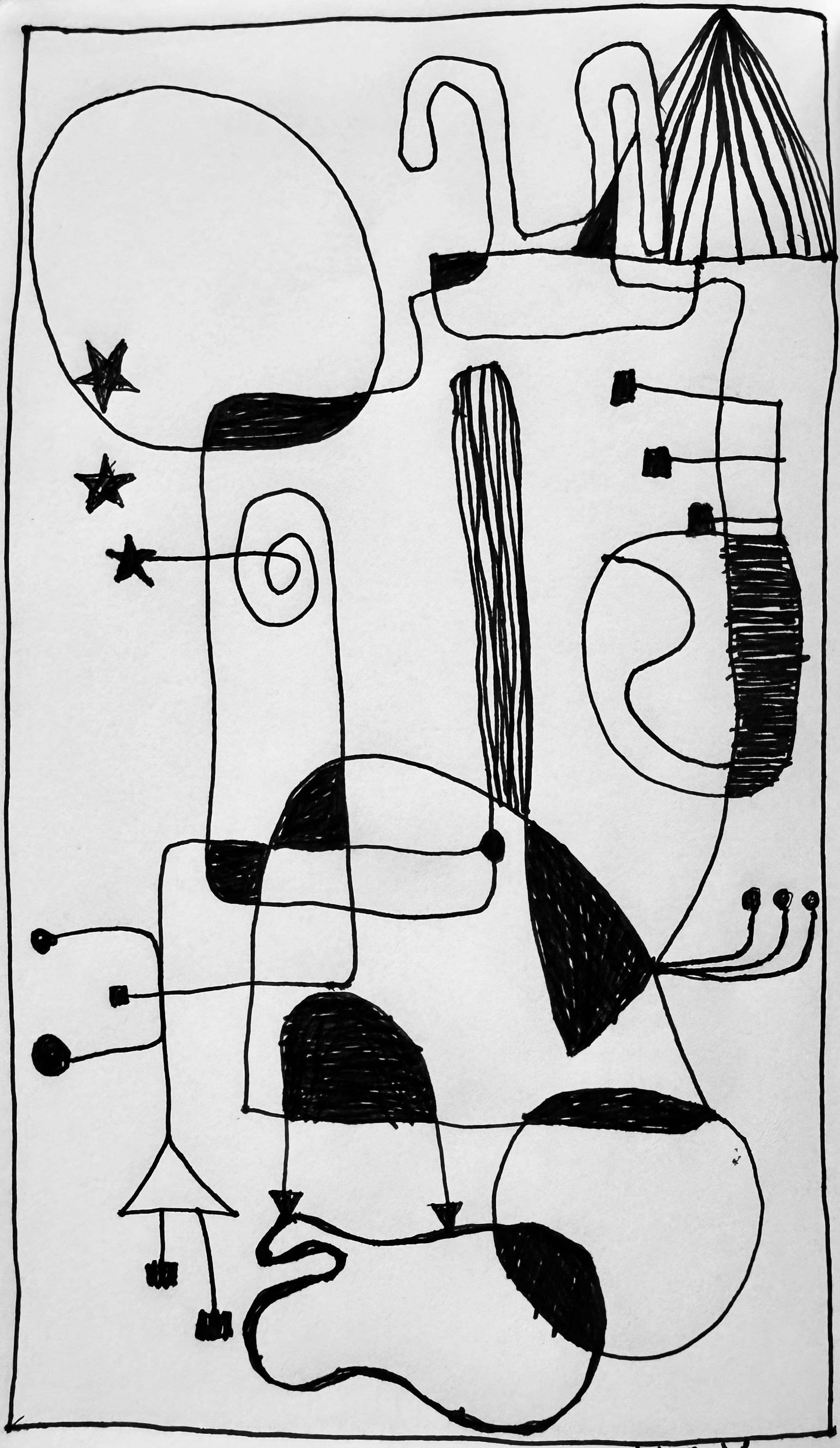 Abstract black and white drawing featuring various organic shapes, lines, and patterns. It includes stars, spirals, and geometric elements, creating a composition.