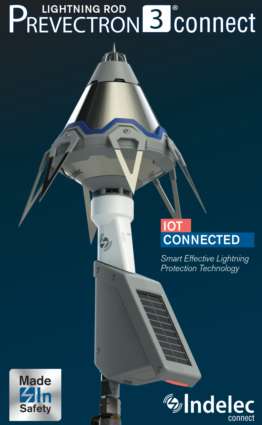 brochure ad for the Indelec Prevectron 3 Connect IOT connected lightning rod. it is a cone-shaped metal thing with several pointy things at the tip aimed at a center upwards spike, a large metal band just beneath that, and several sharp looking triangular spikes aimed downwards in a cone. a bit beneath it is a small solar panel.