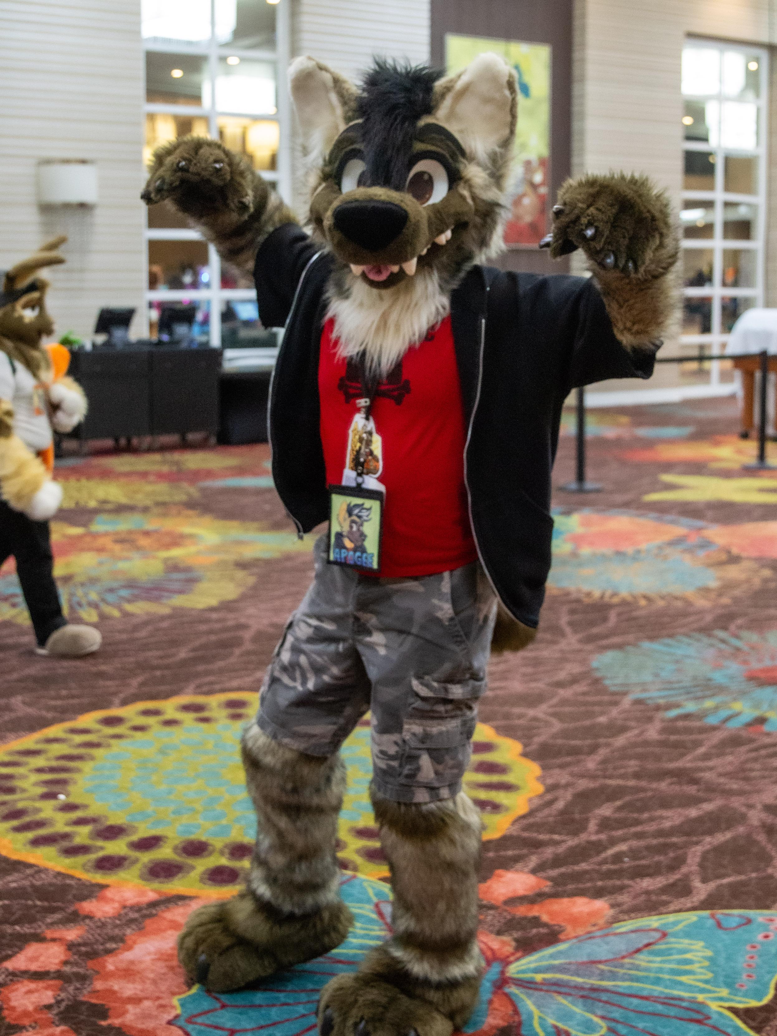 A photo of an aardwolf fursuit holding their hands up