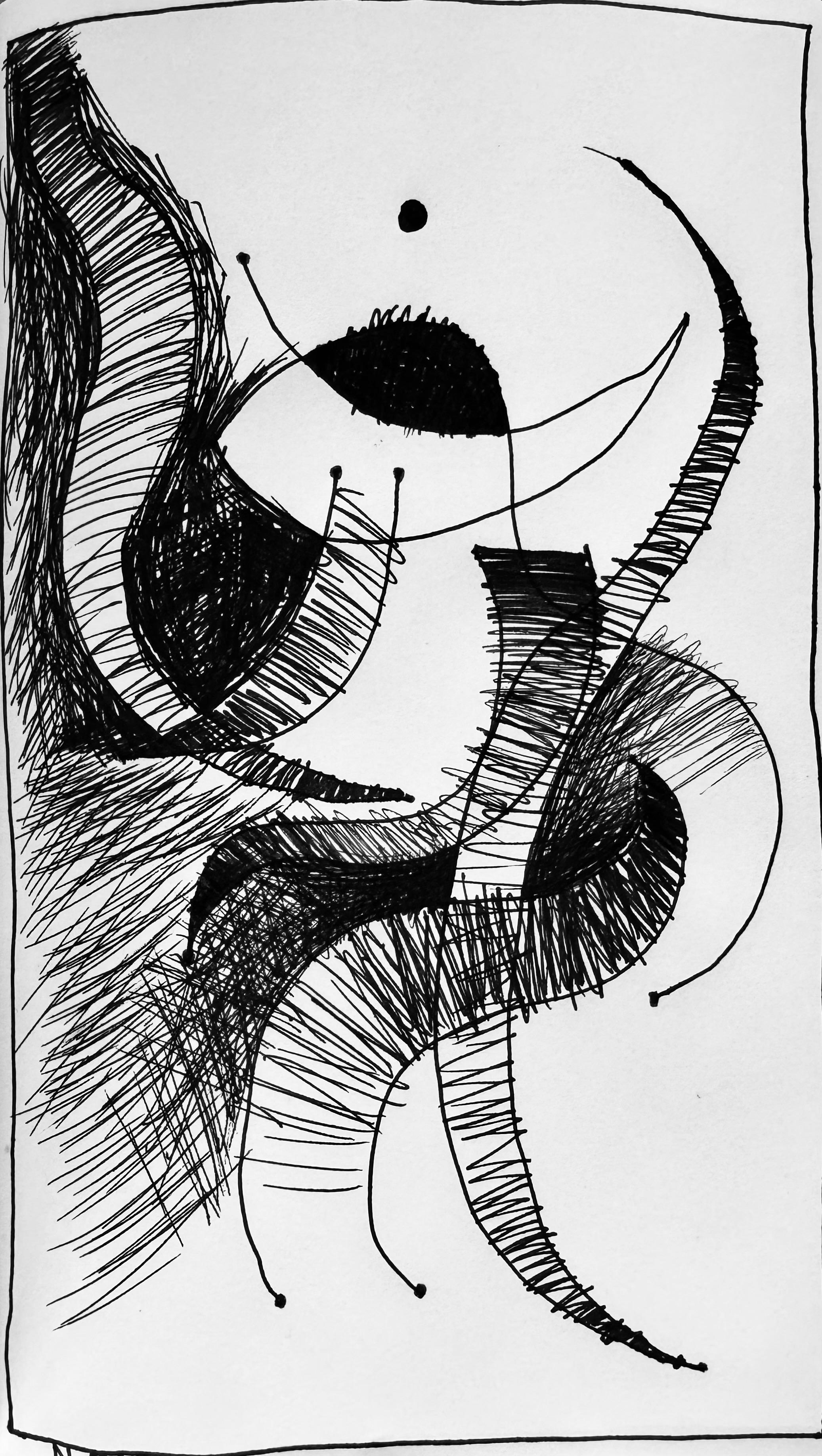 An abstract black-and-white drawing featuring swirling lines and shapes, with distinctive curves and dots creating composition.
