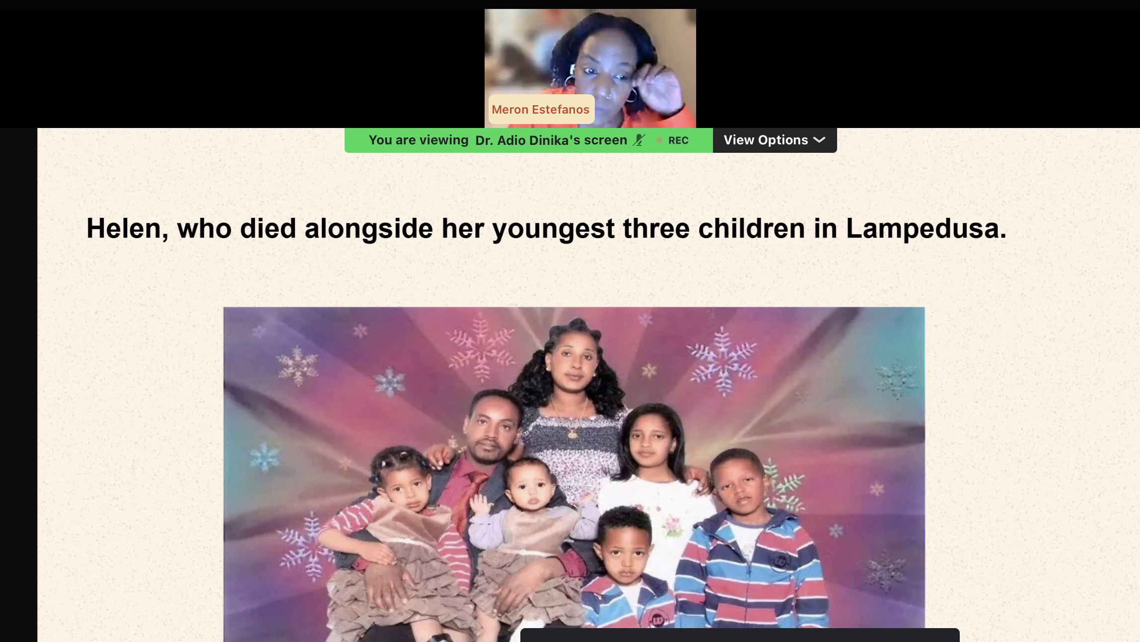 Meron, with a photo of an Eritrean woman and her children. With a caption that says "Helen, who died alongside her youngest three children in Lampedusa."